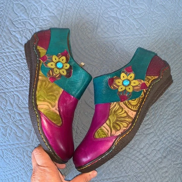 Socofy Purple Printing Flowers Leather Zip Booties - Picture 7 of 13